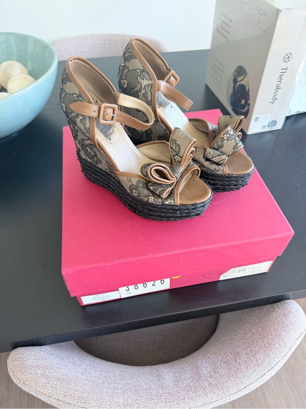 Valentino Garavani Brown Lace Bow Wedge Sandals